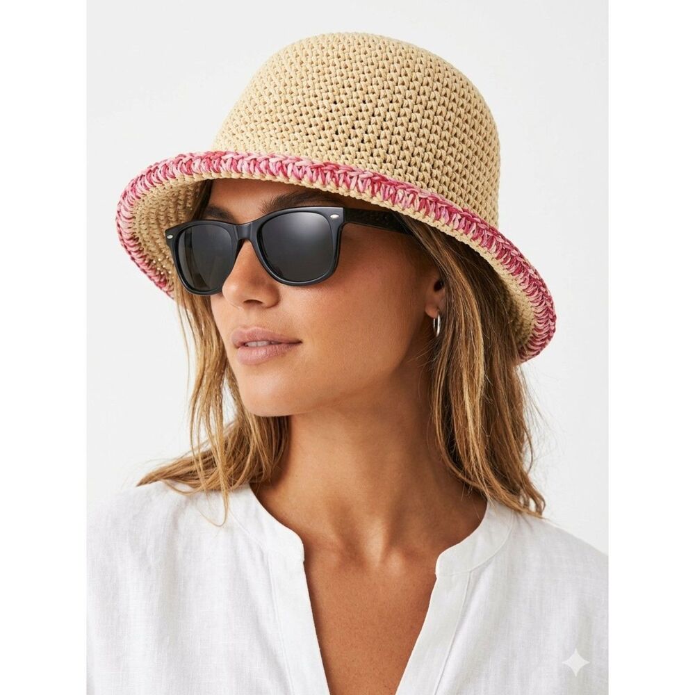 No Boundaries Tan & Pink Straw Fedora Sun Hat NEW
